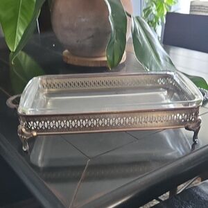 Pyrex Cassorole Dish With Silver Plate Holder.